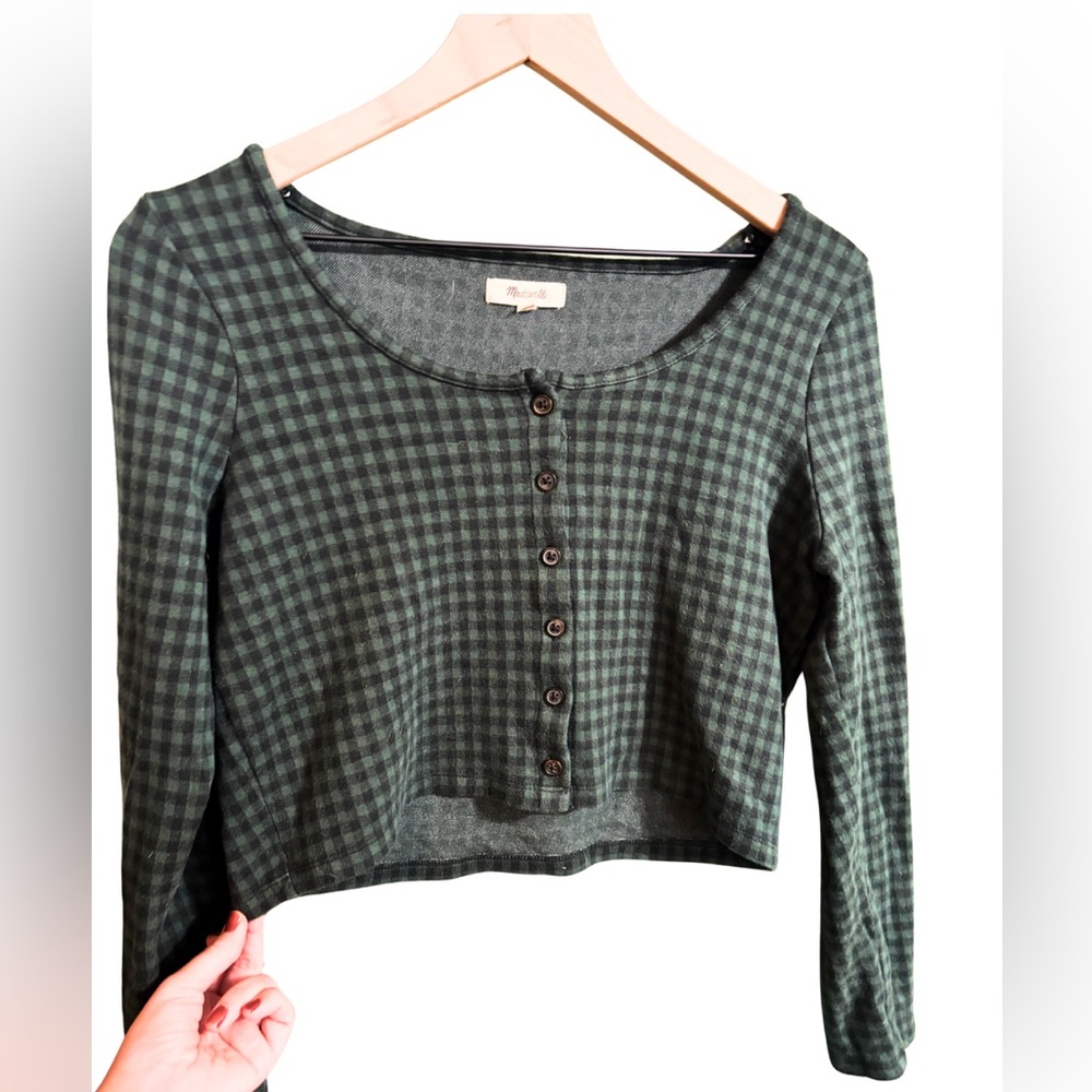 Madewell Green and Black Gingham Button-Up Cropped Cardigan